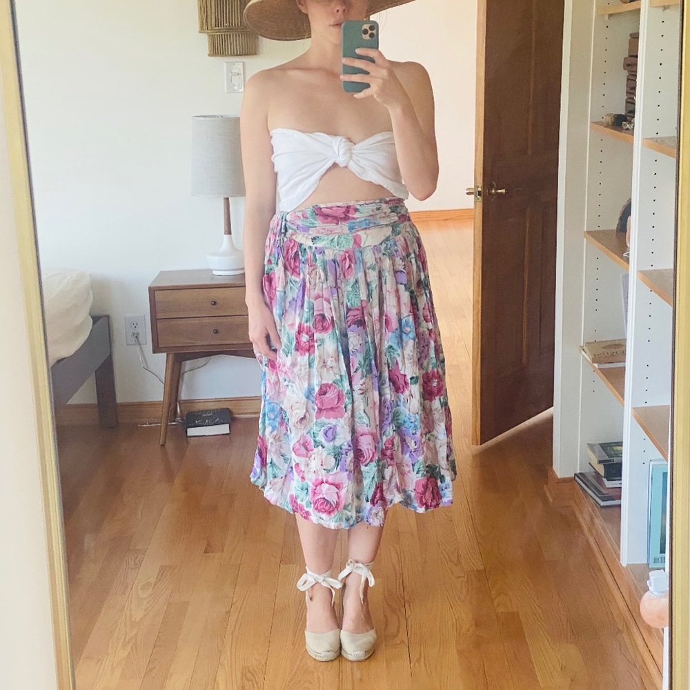 ✿VTG Floral Tie Waist Midi Skirt Size S